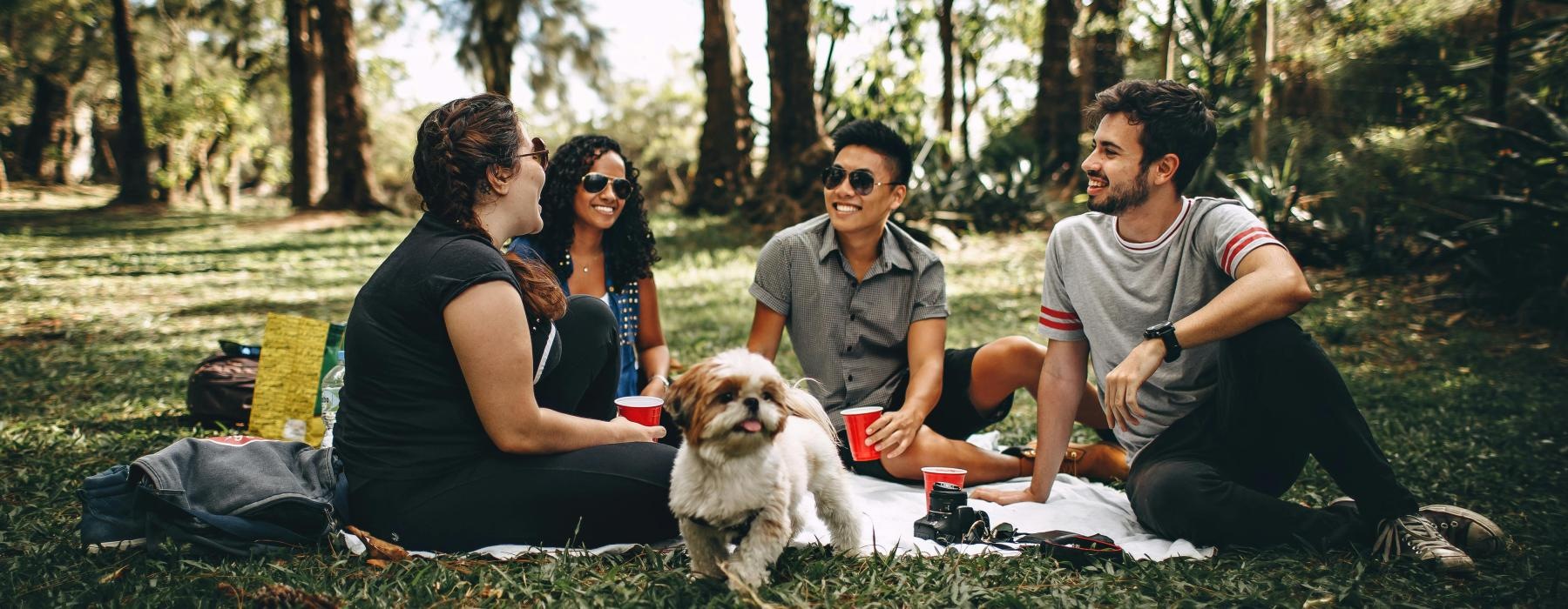 a group of people sitting on the grass with a dog