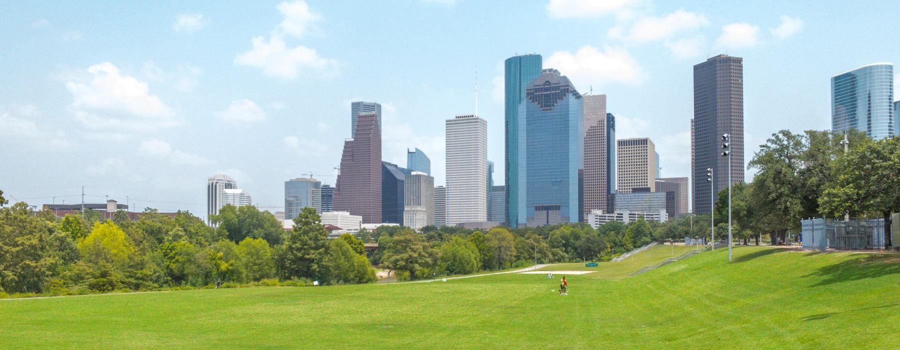 a grassy field with a city in the background