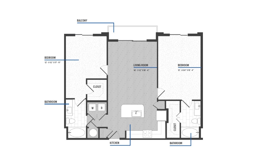 B3 - 2 bedroom floorplan layout with 2 bathrooms and 1130 square feet